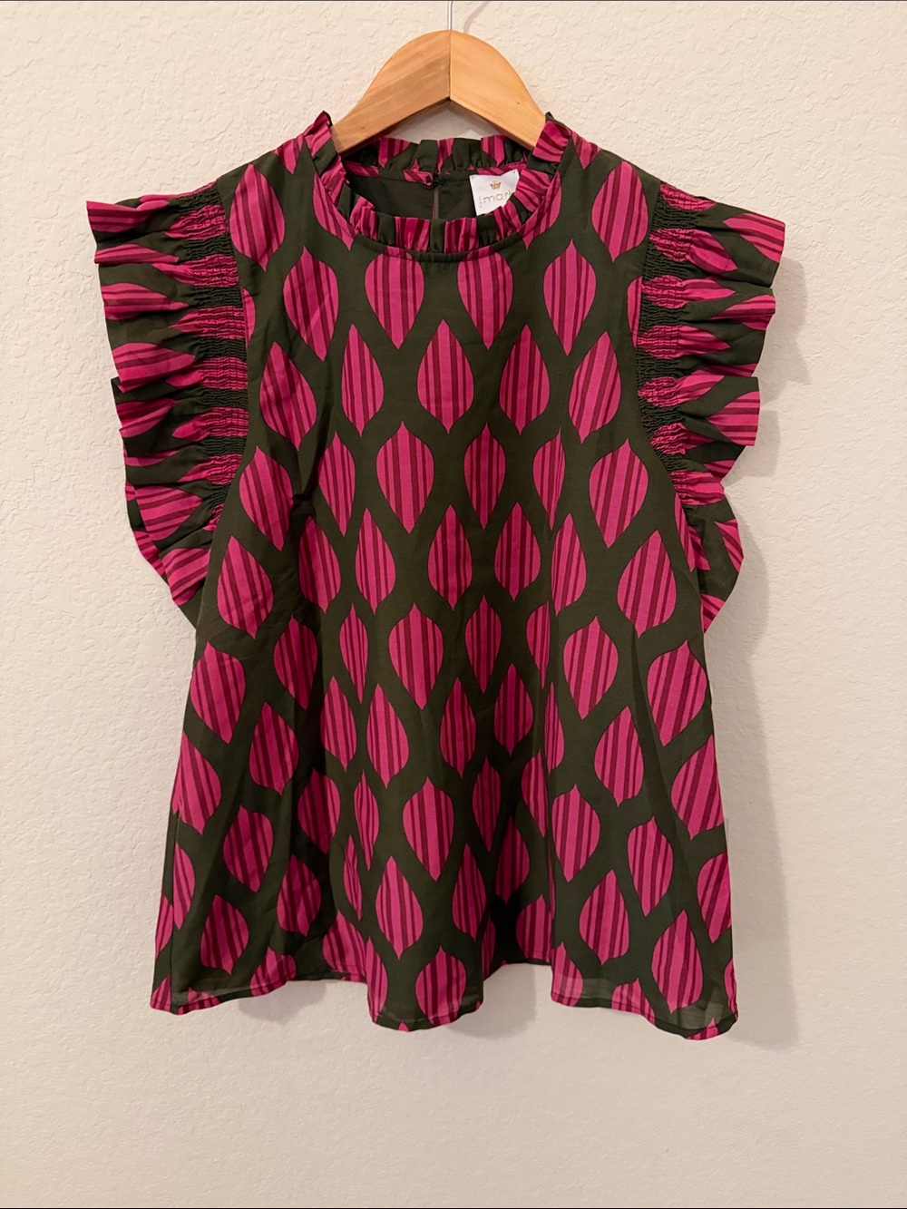 J. Marie Napa Ruffle Sleeve Top Olive & Magenta Leaf Print Size S
